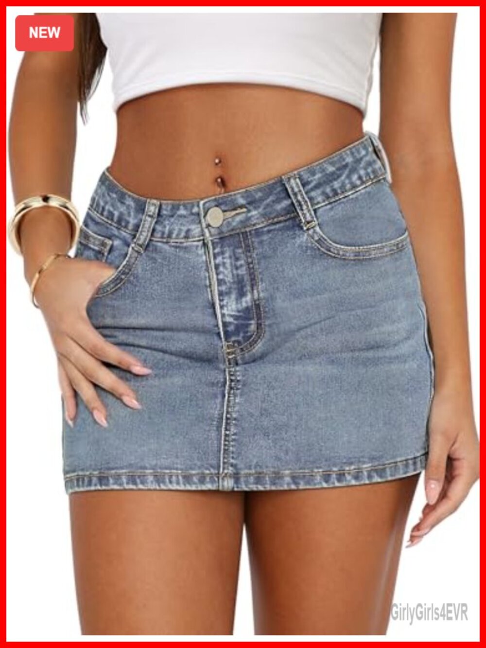 High Stretch Denim Mini Skirt Low Waist Zip Fly Pockets